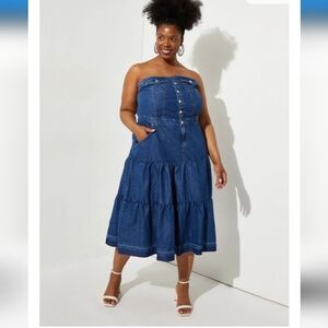 Denim strapless jean midi dress